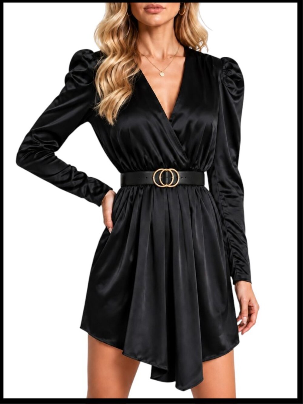 Kendall + Kylie Mini Dress Black Satin Faux Wrap Puff Sleeve 0/2
